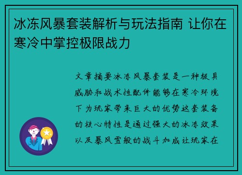 冰冻风暴套装解析与玩法指南 让你在寒冷中掌控极限战力